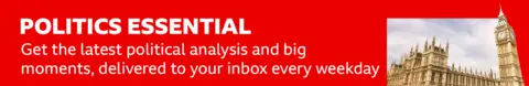 Thin, red banner promoting the Politics Essential newsletter with text saying, “Top political analysis in your inbox every day”. There is also an image of the Houses of Parliament.