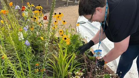 LSCft A member of the NHS leans over to tend a planter stuffed with wildflowers