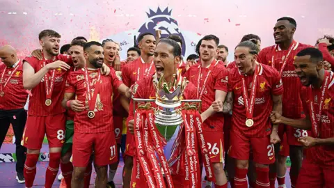 Liverpool captain Virgil van Dijk lifts the Premier League trophy