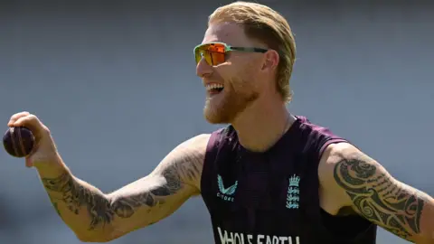 Ben Stokes of England laughs during an England training session at Headingley