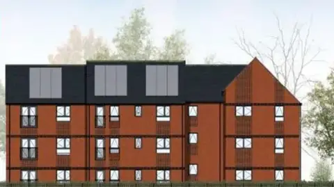 An artist's impression of the new flats shows a brown three-storey building with front skylights in the roof and windows on each level.